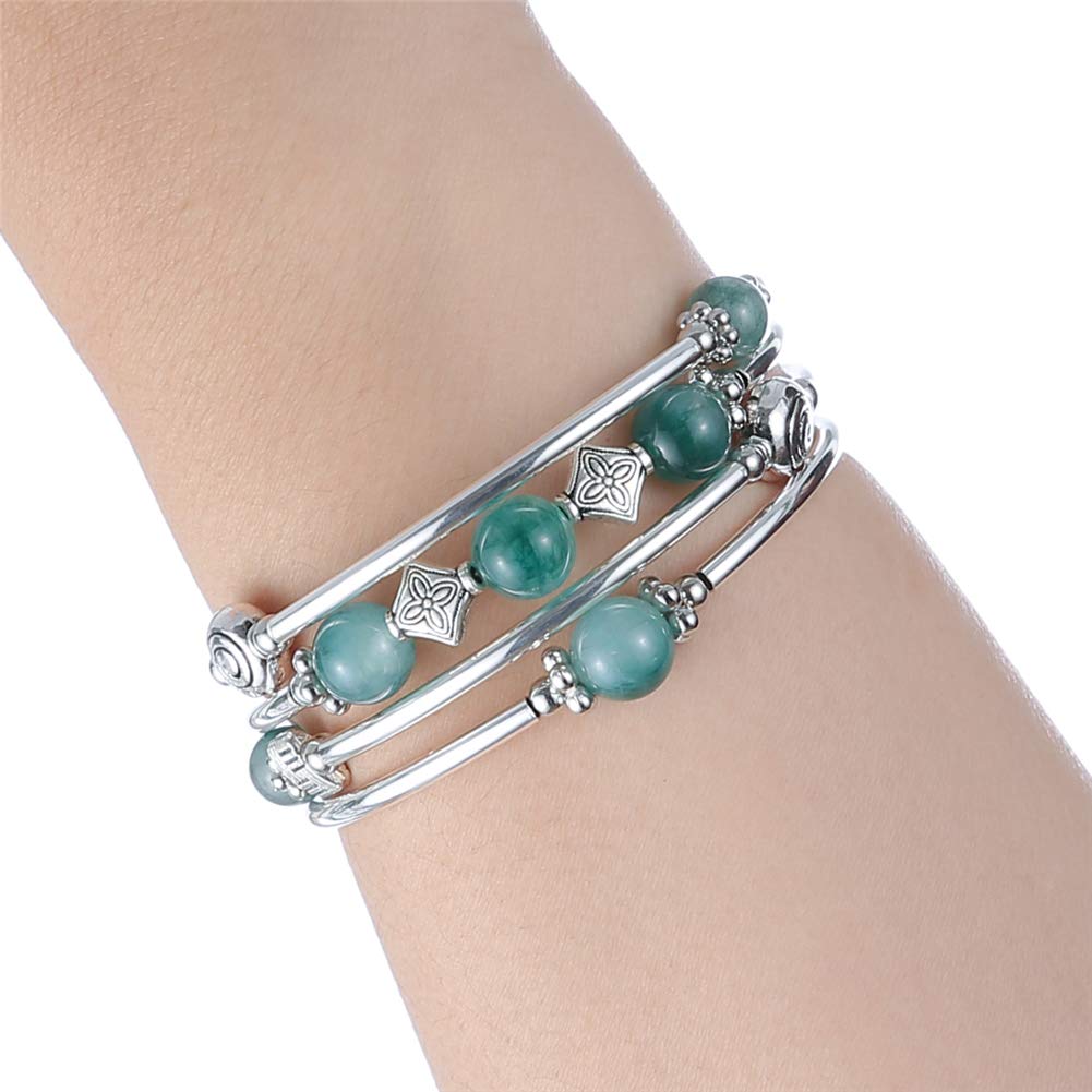 Beaded Pearl Bangle Wrap Bracelet - Fashion Bohemian Jewelry Multilayer Charm Bracelet with Thick Silver Metal Beads, Gift For W