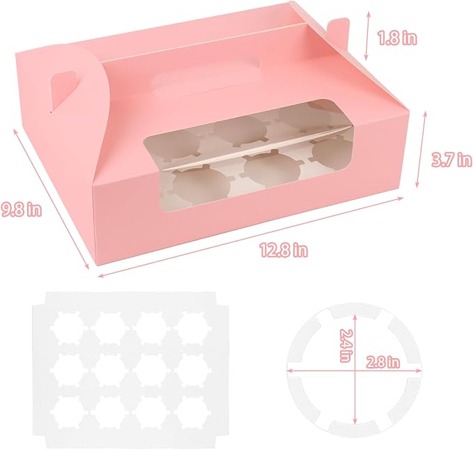 FORBFAN 30 Pcs Cupcake Boxes, 12 Count Muffin Boxes with Handle, Window, and Inserts, Pink Cupcake Holders Bakery Carrier Boxes for Cookies Treats Dessert