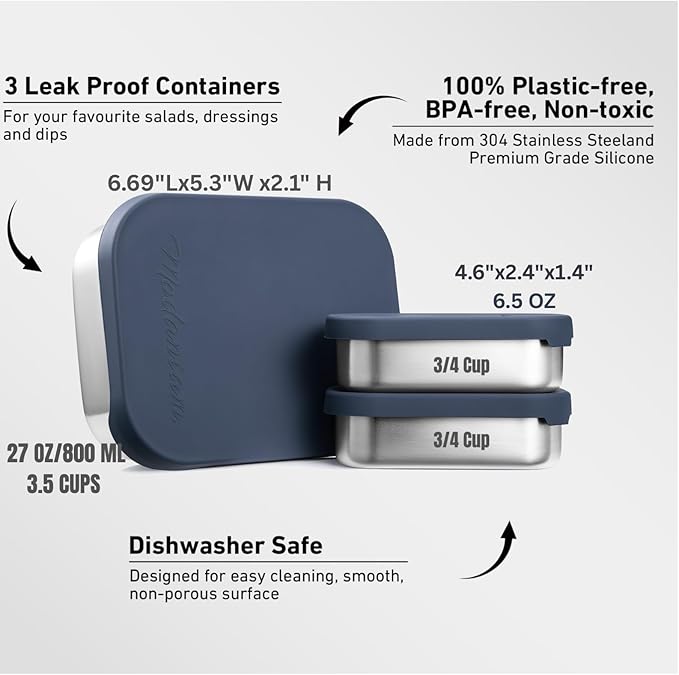 Flexibento - Leak proof Stainless Steel Lunch Box | Stainless steel bento box | Lunch Containers with Lids Meal prep| Snack Containers |Metal lunch Box|Small|1 * 27 oz + 2 * 6.5oz