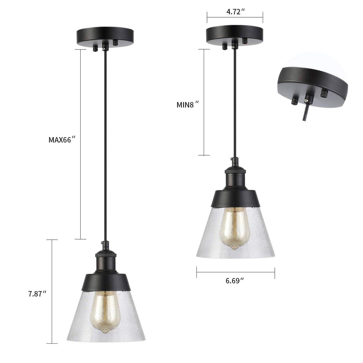 Fivess Lighting Industrial Glass Pendant Light, Mini Pendant, Black Metal, Adjustable, Handblown Clear Seeded Glass Shade