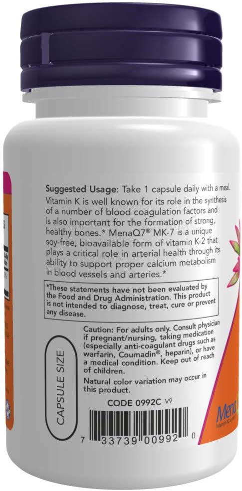 Now Foods Vitamin K-2 (MK7) Veg Capsules, 100 mcg, 60 Count, Pack of 2