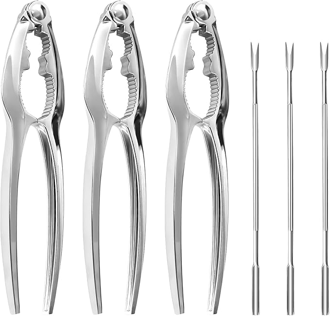 Premium Crab Crackers and Tools Set - 3 Pieces Heavy Duty Stainless Steel Crab Crackers, 3 Pieces Crab Leg Fork,Nut Cracker Set & Crab Leg Crackers Tool for Seafood Lovers