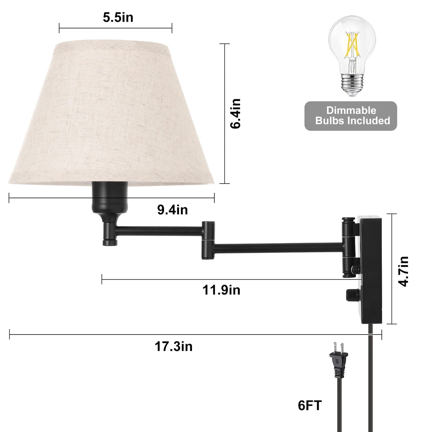 TRLIFE Wall Sconce Set of Two, Dimmable Swing Arm Lights, Medium Beige Fabric Shade, Metal, Model BYsconce-M-Bei