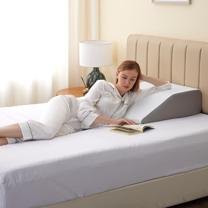 Leg Elevation Pillows, Leg Pillows for Sleeping, Cooling Gel Memory Foam Top, Wedge Pillow for Legs, Leg Wedges for Circulation, Swelling, After Surgery - Removable Cover (6 Inch, White/Grey)