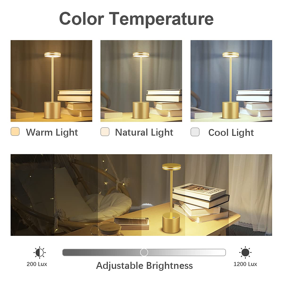 Bravzurg Cordless Table Lamp, 5000Mah, Dimmable, Metal, Wireless Led Light, Gold, Model S804