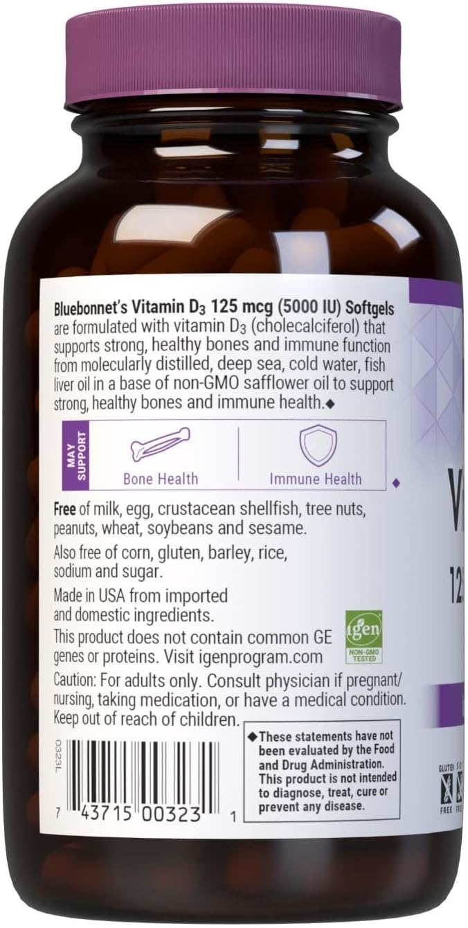 Bluebonnet Nutrition Vitamin D3 5000 IU Softgels, Aids in Muscle and Skeletal Growth, Cholecalciferol from Fish Oil, Non GMO, Gluten Free, Soy Free, Dairy Free, Yellow, 250 Softgels