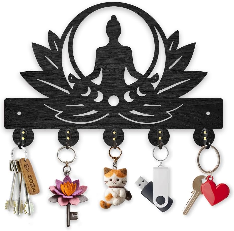 MAYJOYDIY Wooden Lotus Meditation Key Hook Zen Lotus Wall Mounted Coat Rack 11.8 x 7.8 inches Black Art Buddhist Buddha Key Hanger with 5 Alloy Hooks for Bedroom Kitchen Entryway Office