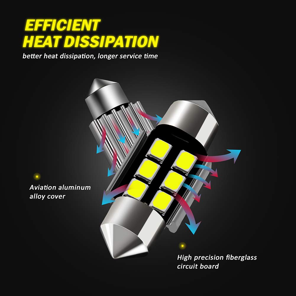 Auxlight Festoon Led Bulbs 31Mm 6000K Xenon White, Super Bright 6Smd Chips, Pack Of 6