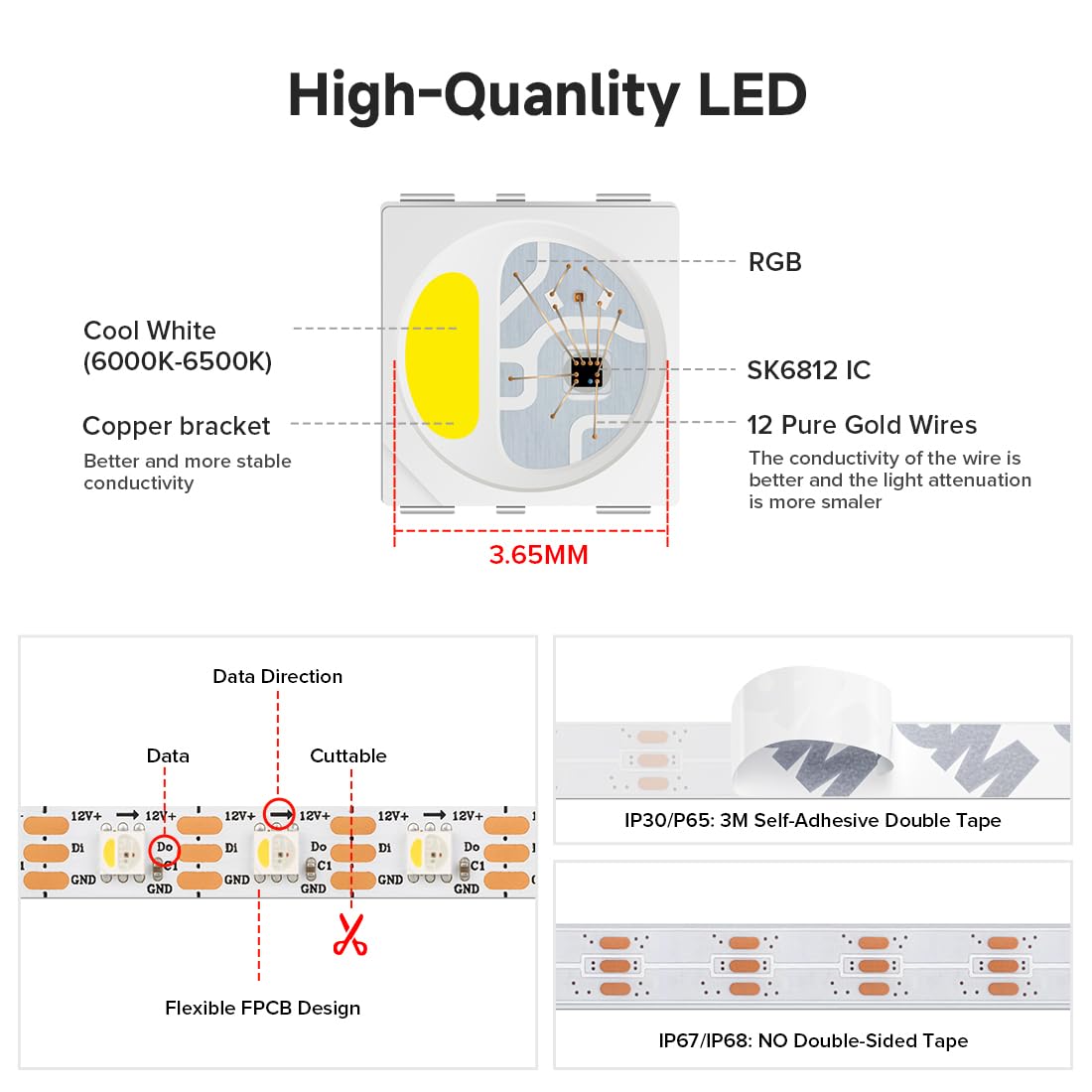 Btf-Lighting Sk6812(Similar Ws2812B) Rgbw Rgb+Cool White(6000K) Individually Addressable Dc12V 16.4Ft 60Led/M 4 Colors In 1 Light Dream Color Led Strip Ip68 White Pcb(No Adapter Or Controller)