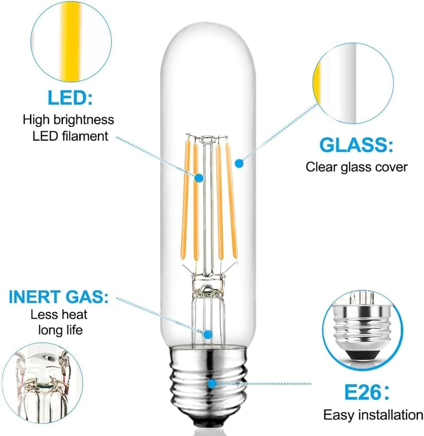 Novelux 5 Inch E26 Led Bulb Equal 80 Watt  3000K Warm White Edison Bulb 6W Dimmable  800Lm T10 T9 Clear Glass Tubular Light Bulbs Ac 120V For Chandelier Pipe Pendant Wall Light - Ul Cert 4Pack