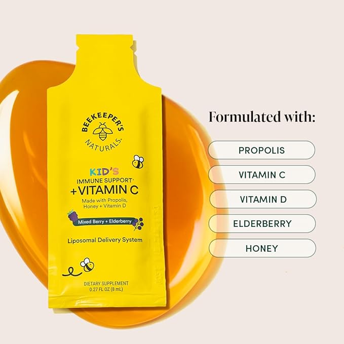 Kid's Immune Liposomal Vitamin C by Beekeeper's Naturals, 500 mg Vitamin C, Elderberry, Vitamin D, Propolis & Honey, Kid-Friendly Immune Support - Mixed Berry Flavor, Easy to Use, Bioavailable, 30 Ct