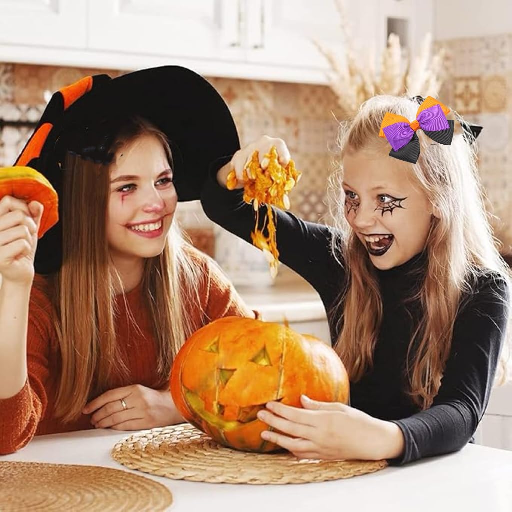 Halloween Hair Bow Clips 3.5 Inch for Toddler Teen Girls, Orange Black Purple Ribbon Bow Barrette Alligator Hair Pins, Women Kid