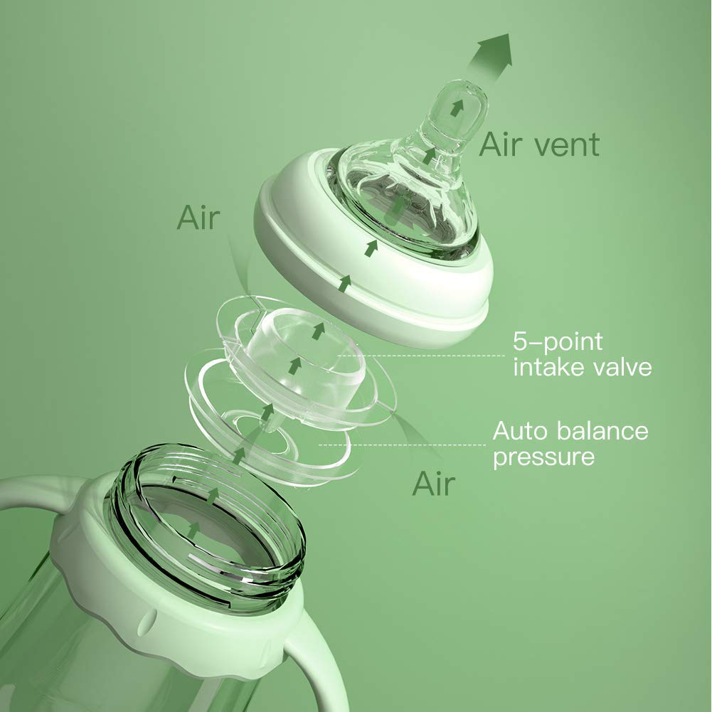 POTATO Glass Baby Bottles, Anti-Colic Breastfeeding Bottles with Medium Flow Nipple, Suitable for Babies 3-6 Months, 2 Replaceable Nipples, 6 oz, Green