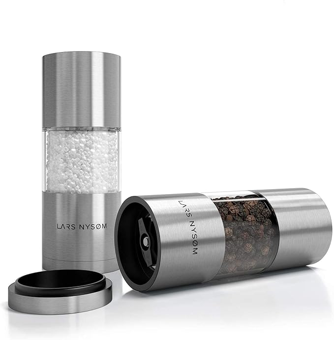 LARS NYSØM Salt and Pepper Grinder Set, Manual Salt and Pepper Mills with Adjustable Ceramic Grinder, Design Spice Shaker Set (Stainless Steel)