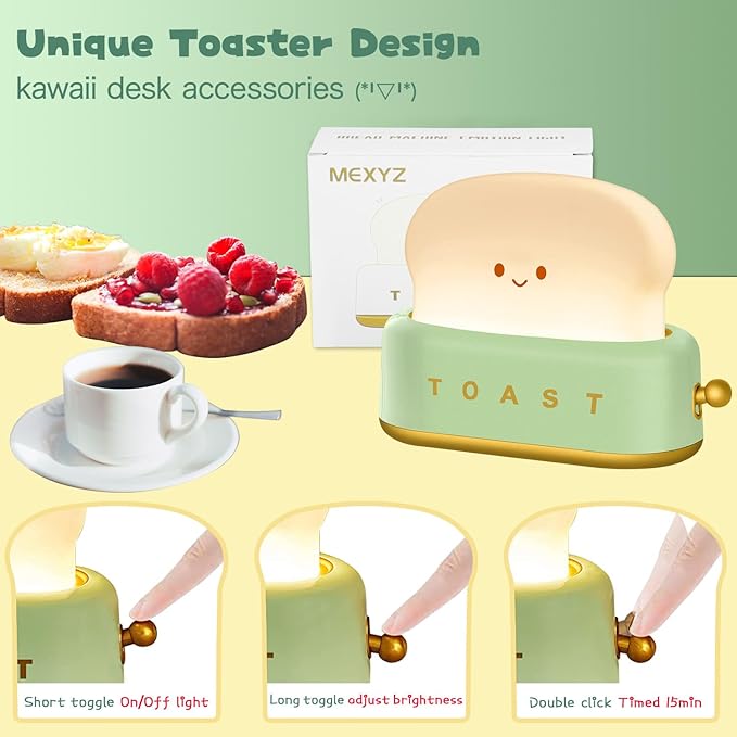 Cute Desk Decor Toaster Lamp, Kawaii Accessories Small LED Night Light for Kids Teen Girls, Room Decor Toast Lamp for Bedroom, Bedside, Living Room Aesthetic Stuff,Gift