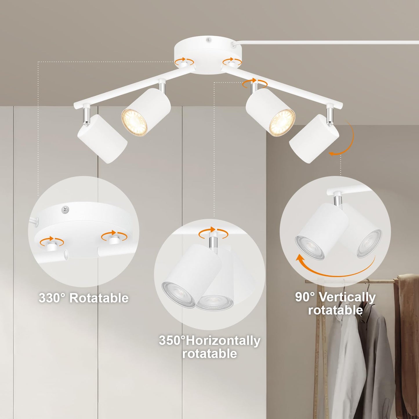 Track Lighting Plug In  Led Track Lighting Fixtures Ceiling Kit  White 4-Light Ceiling Light Plug-In  Wall Light With 14.8Ft Power Cord  Rotatable Kitchen Spotlight For Bedroom(Gu10 Socket  No Bulb)