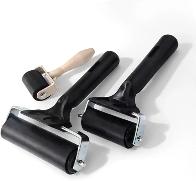 3-Pack Hard Rubber Brayer Rollers, 1.4/2.4/4 Inch for Printmaking, Ink Stamping, Gluing, Wallpaper, Anti-Skid Tape Applica...