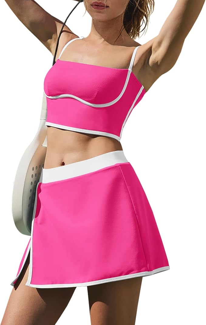 LAMISSCHE Tennis Skirt Sets Women 2 Piece Outfits Yoga Workout Set Skirt and Top Set with Built in Bra & Shorts