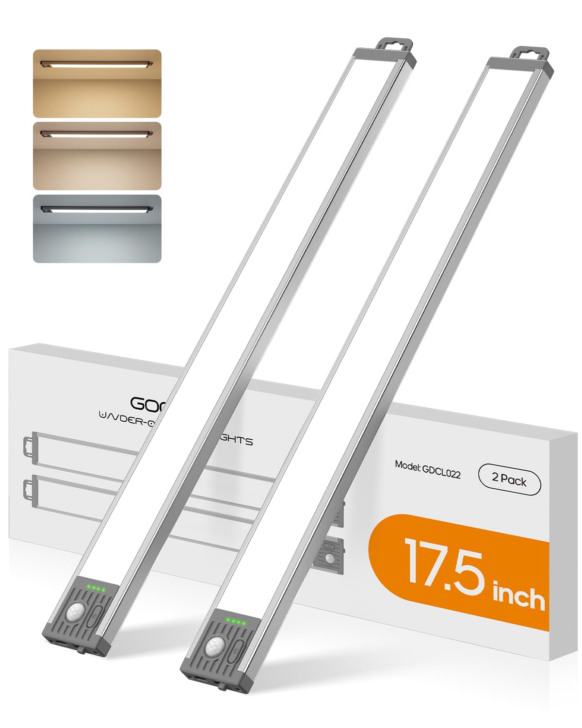 GOODEA Under Cabinet Lighting - 17.5 Inch, Rechargeable Battery, Motion Sensor, Wireless, 2 Pack