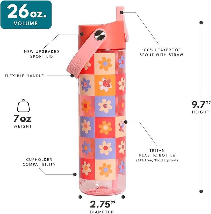 Elemental Splash Water Bottle with Straw - BPA-Free Tritan Plastic Reusable Water Bottle with Strap - Ideal for Travel, Gym and Sports - Leak Proof when Spout is Closed - 26oz - Checkered Flowers