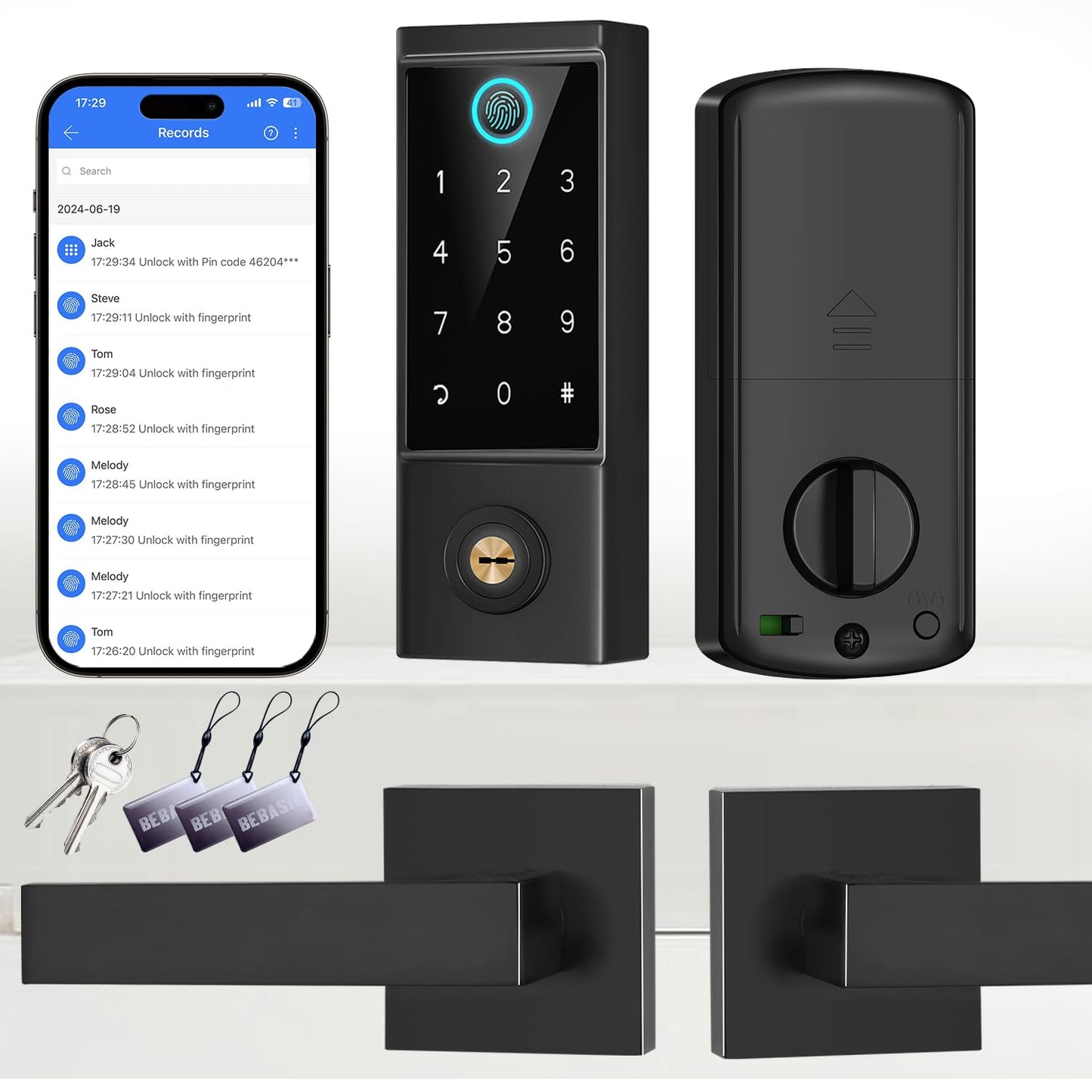 BEBASIA APP Control Fingerprint Lock with Handle, Heavy Duty Smart Keyless Entry Front Door Lock Set, Keypad Deadbolt with Lever Handles, Smart Locks for Front Door, Anti-Peeping Password Black