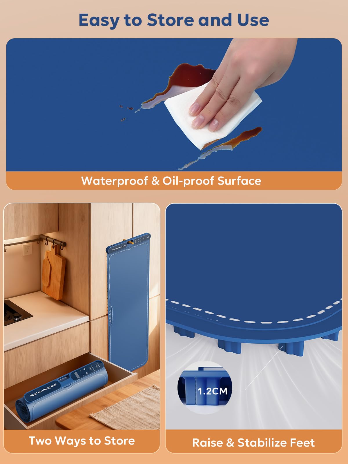 FZF Warming Mat for Food Extra Large, 40"x15" Food Warmers for Parties Buffet, with 7 Temp Level and 9 Timer Setting, Rollable Silicone Electric Warming Tray for Home, Gatherings (Blue)