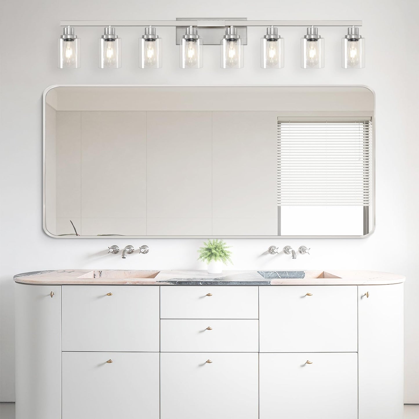 DIKAIDA 52in Brushed Nickel Vanity Light Fixtures, 8-Light Metal Bathroom Lighting, Model NS-8