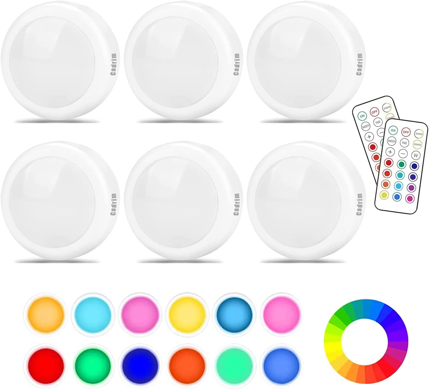 Cadrim Led Puck Lights, 13 Color Changeable, 6 Pack, Wireless Remote, Multicolor, A03 Model For Kitchen & Bedroom Lighting