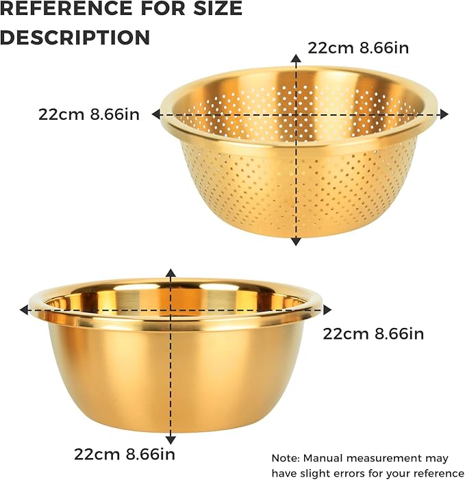 Snailhouse Colander with Mixing Bowl, 2QT 304 Stainless Steel Kitchen Rice Pasta Strainer for Washing Vegetables and Fruit, Gold