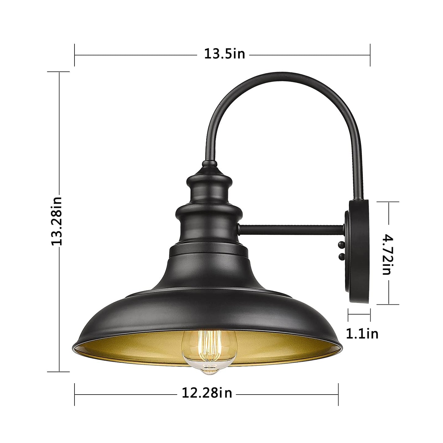 Diyel Gooseneck Outdoor Barn Light Fixture Black Iron Wall Sconce, Model RZ004BK-1, 11-RZ004-1PACK