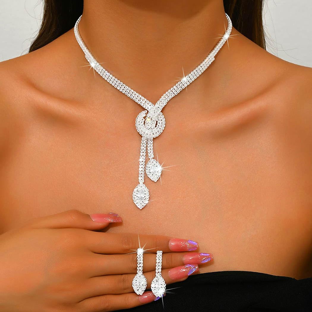 Unicra Silver Rhinestone Bridal Wedding Jewelry Set Crystal Necklace Earrings Sets Formal Prom Costume Jewelry Sets for Women an