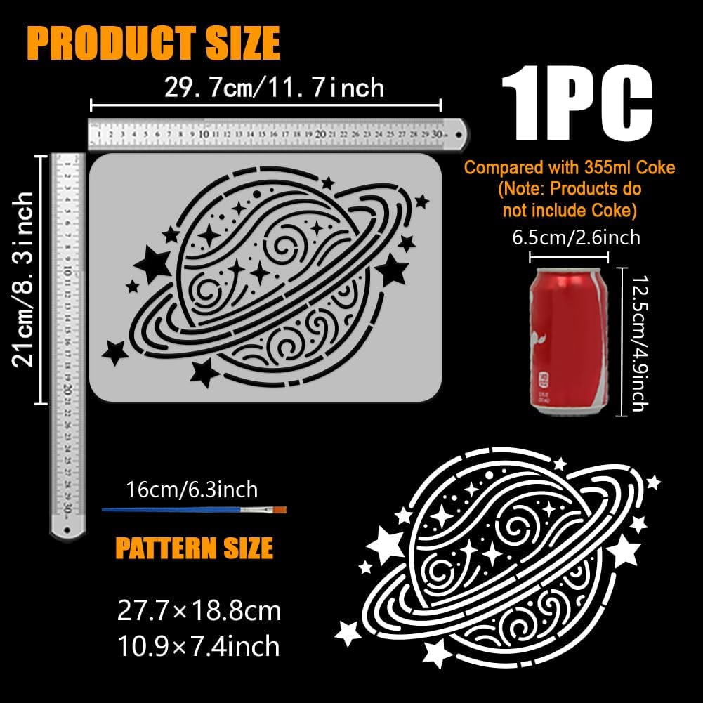 FINGERINSPIRE Planet Pattern Stencil with a Paint Brush 11.7x8.3Inch Planet of Dreams Painting Stencil Reusable PET Science Fiction Theme Decoration Template for Painting on Wood Wall Floor Furniture