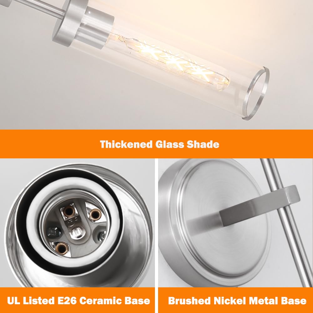 Wall Sconces Set Of 2  Brushed Nickel Sconces Wall Lighting  Modern Bathroom Vanity Light Fixtures With Clear Glass  Bathroom Sconces Wall Mount Lights For Living Room Bedroom Hallway  Hardwired