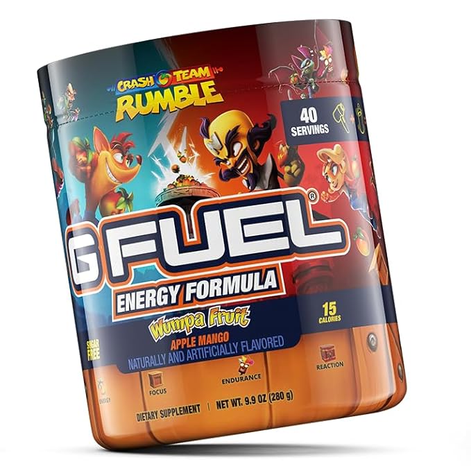 G Fuel Crash Team Rumble Energy Drink Powder, Pre Workout Caffeine Mix for Gaming, Sugar Free Focus Amino, Vitamin + Antioxidants, 9.9oz (Apple Mango Wumpa Fruit, 40 Servings)
