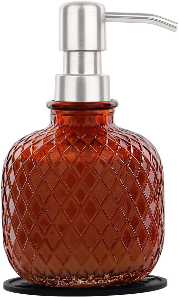 Soap Dispensers with Silicone Mat, for Kitchen and Bathroom Contertop Wash Hand Liquid, Dish Detergent, Farmhouse Style Shampoo Lotion Pump (1, Brown Glass with Silver, 3-1/2" x 3-1/2" x 6-1/4")