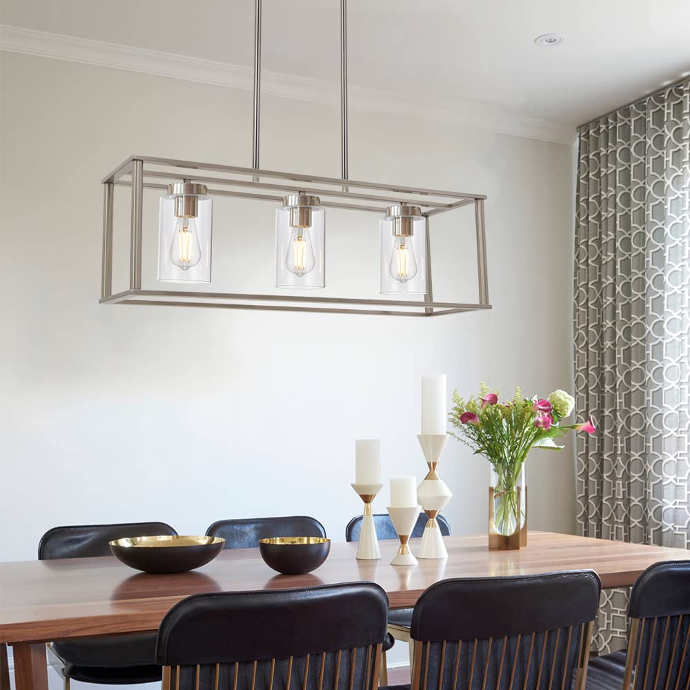 VINLUZ 3 Light Linear Chandelier Brushed Nickel Modern Pendant Light Fixture for Kitchen Island, Dining Room, Model 1811-3-SN