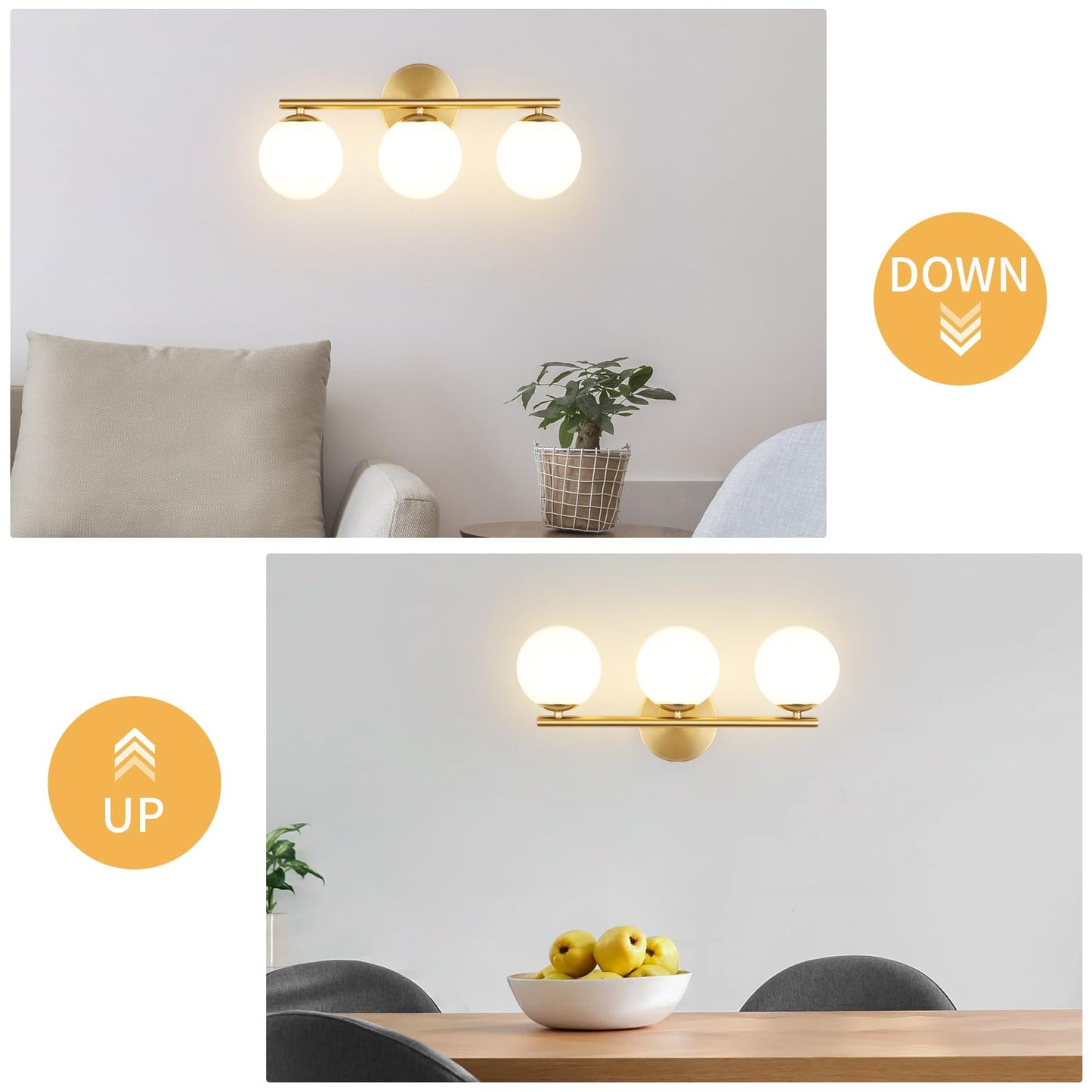 Foucasal Globe Bathroom Light Fixtures 3-Light Brass Gold Vanity Light With Plastic Milk White Globe Shades 11.81 Inch Wall Sconce Lighting Over Mirror  Vanity Lights For Bathroom Bedroom Hallway