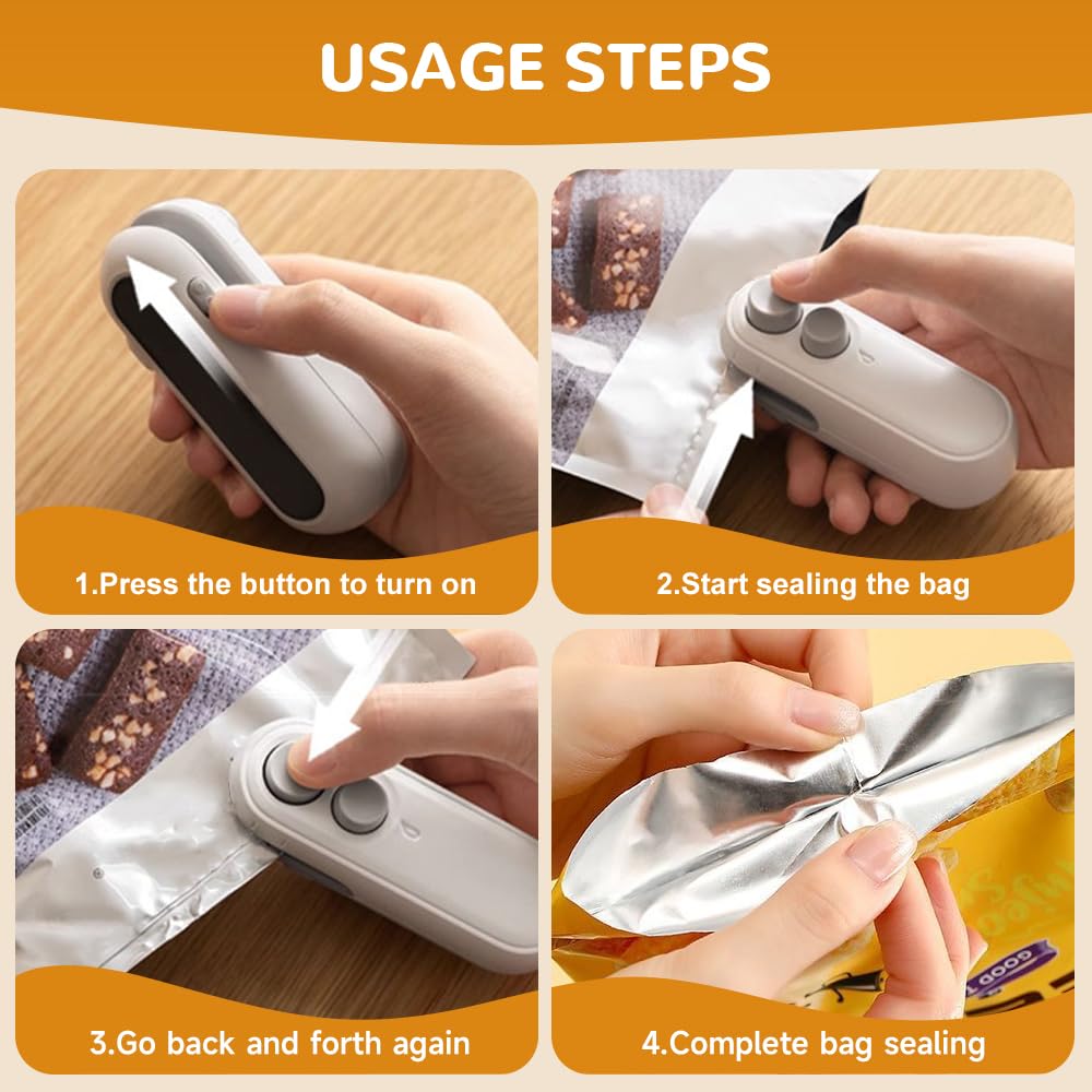 2026 Upgraded Mini Bag Sealer, 2 in 1 Mini Bag Sealer with Cutter and Magnet, Rechargeable Mini Bags Sealer Portable Resealer Machine for Snack Plastic Bags Food Storage Travel (White + Black)