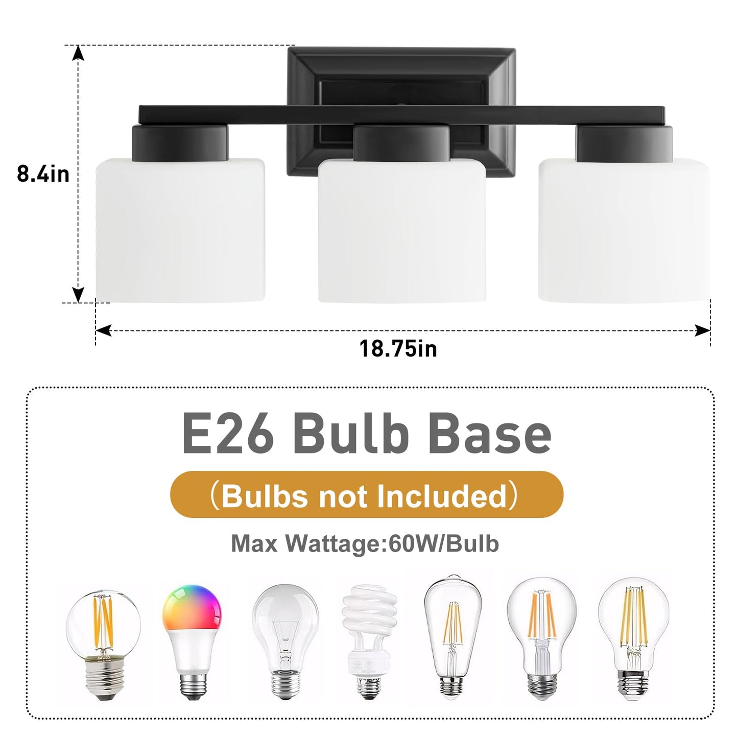 Ejiaxin 3-Light Bathroom Light Fixtures - Black Bathroom Vanity Lights With Frosted Glass Shade Modern Bathroom Lighting Fixtures Over Mirror - Wall Sconce Lamps For Bedroom Living Room Hallway