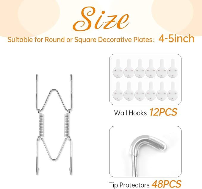 Bilillo 12 Pack Plate Hangers for The Wall, Suitable for 4-6 inch Art Plate, Stainless Steel Invisible Heavy Duty Wire Plate Holder with Wall Hooks, Plate Hangers for Displaying Plates, Silver