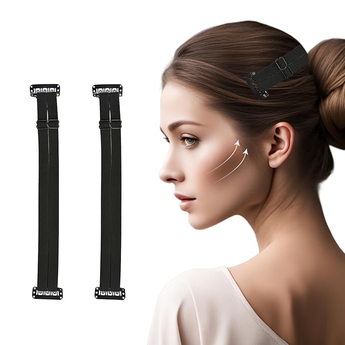 2 Pcs Facelift Bands with Clips Invisible Face Stretching Lifting Strap Adjustable Elastic Band Face Slimming Band (24cm Black Double Bands)