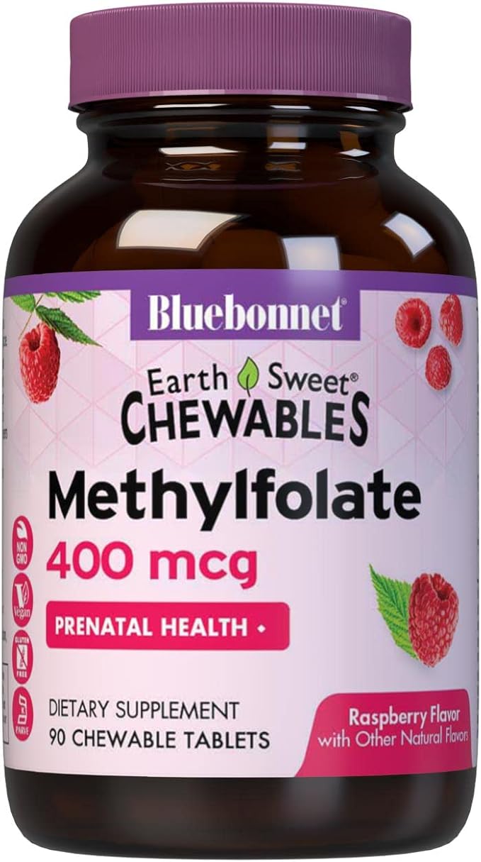 Bluebonnet EarthSweet Methylfolate 400 mcg Cellular Active Coenzyme 5-MTHF L Methyl Folate Supplement - Prenatal & Energy Support* - Non-GMO, Vegan, Gluten-Free - Raspberry - 90 Chewable Tablets