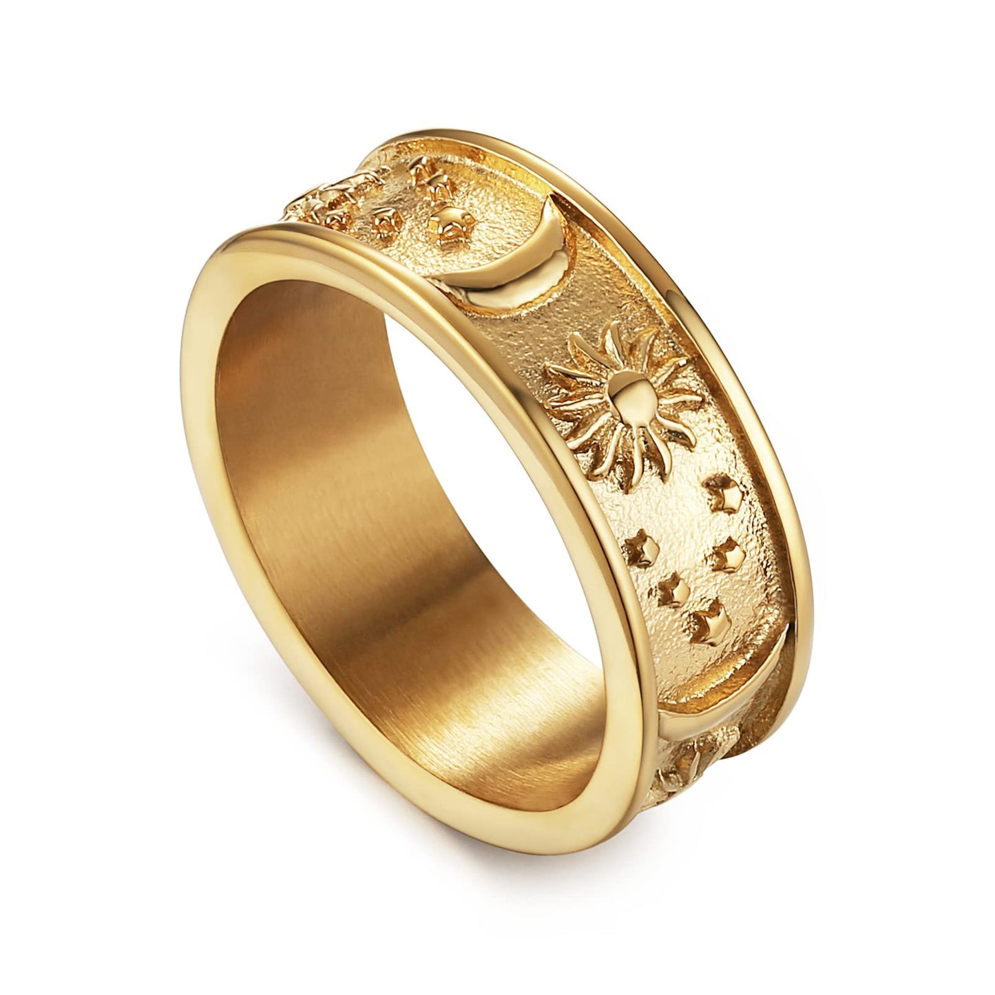 HZMAN 8mm Moon Star Sun Statement Ring Stainless Steel Boho Jewelry for Women Men (Gold, 7)
