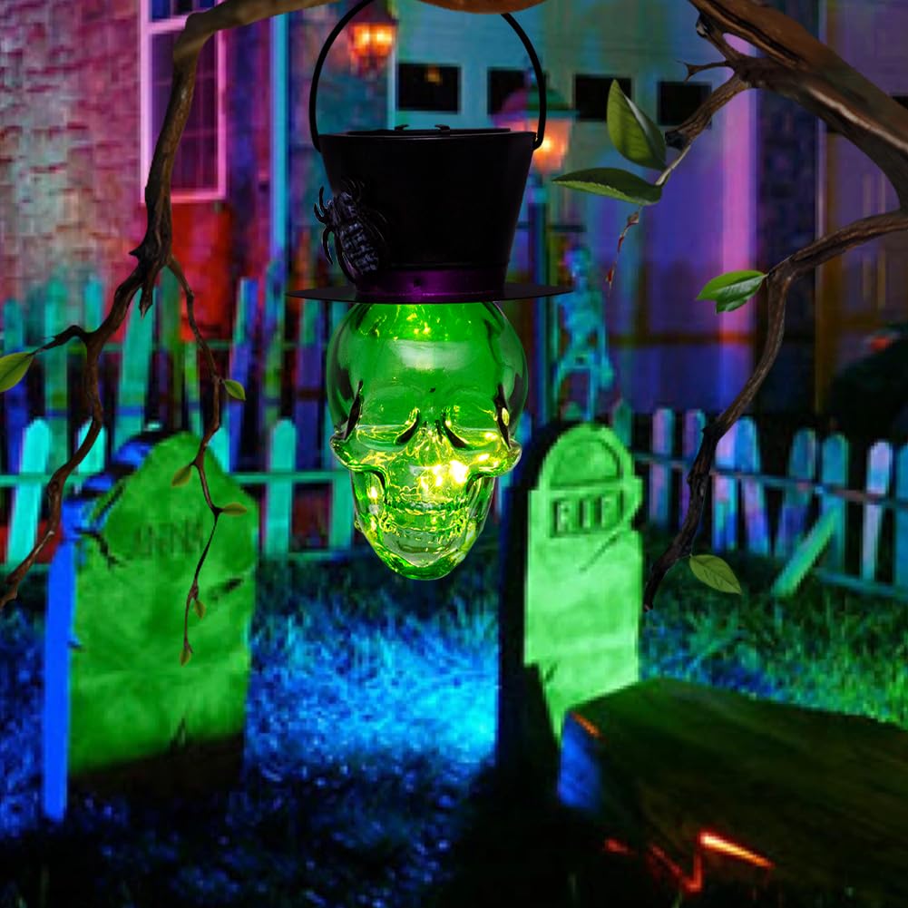 Halloween Skull Decor Hanging Solar Lanterns Lights Decorations Scary Glass Ornaments For Party Garden Porch Yard Patio Lawn (Green)