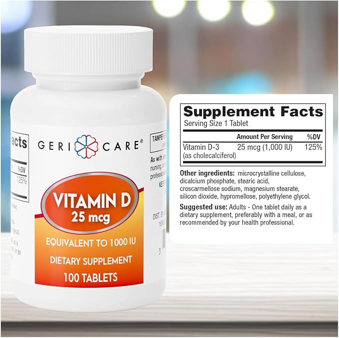 GeriCare Vitamin D 25mcg Tablets, Promotes Healthy Bones & Immune Support, Dietary Supplement, 100 Count (Pack of 2)