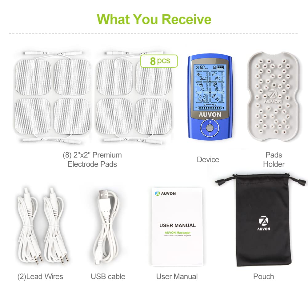 AUVON Rechargeable TENS Unit Muscle Stimulator, 24 Modes 4th Gen TENS Machine with 8pcs 2"x2" Premium Electrode Pads for Pain Relief