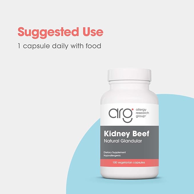 Allergy Research Group Kidney Beef Supplement - Natural Glandular, Freeze-Dried, Bovine, Lyophilized, Beef Organ, Vegetarian Capsules - 100 Count
