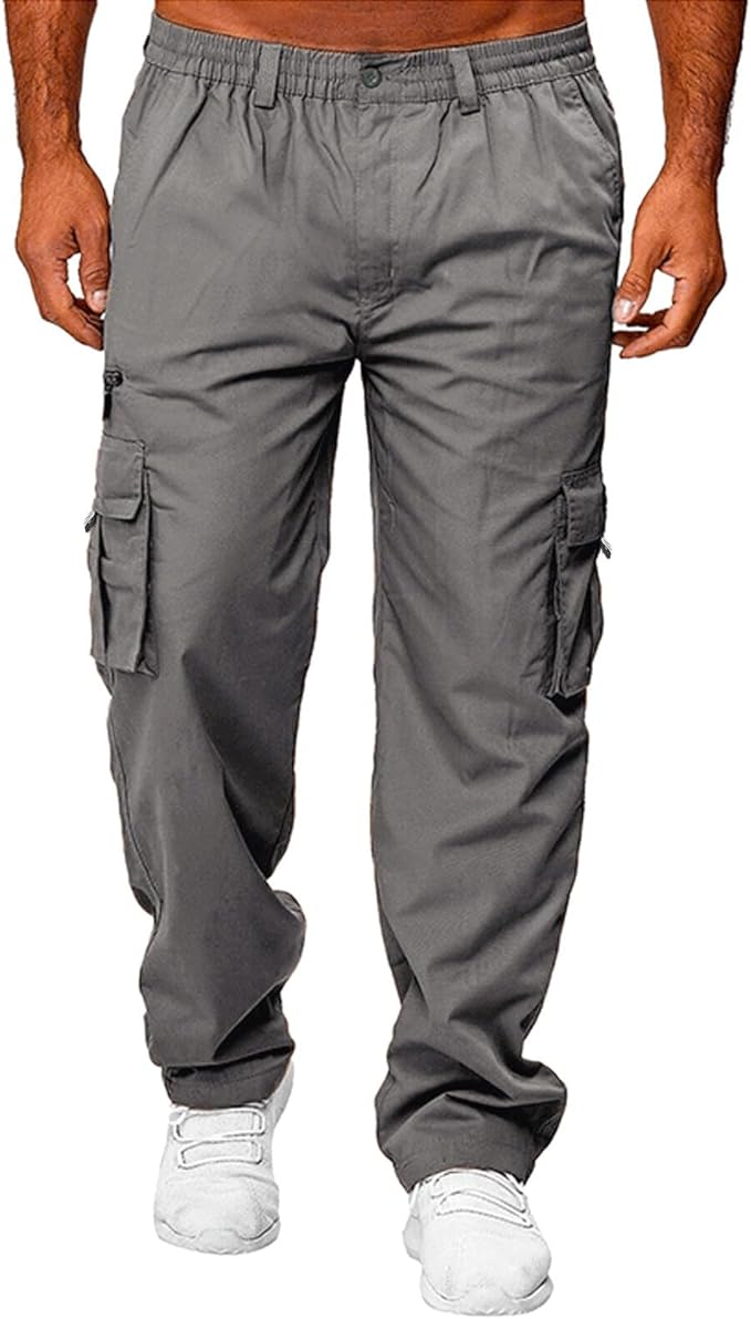 Plus Size Cargo Pants Men Elastic Waisted Casual Trendy Cotton Pants Lightweight Comfort Straight Leg Outdoor Hiking Trousers