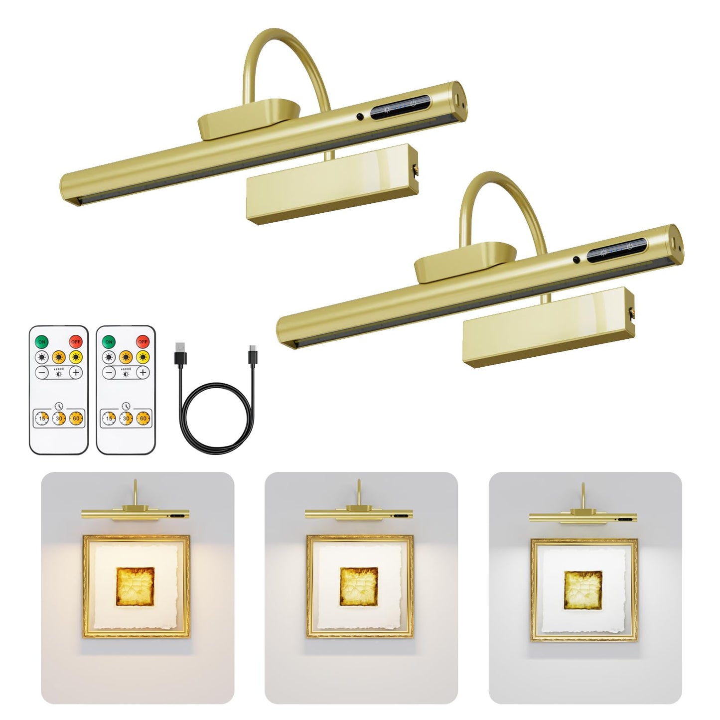 EAYOYAE Wireless Picture Light with Remote Control, 13.8in Gold, Rechargeable, Three Modes, Model PC-100, 2 Set