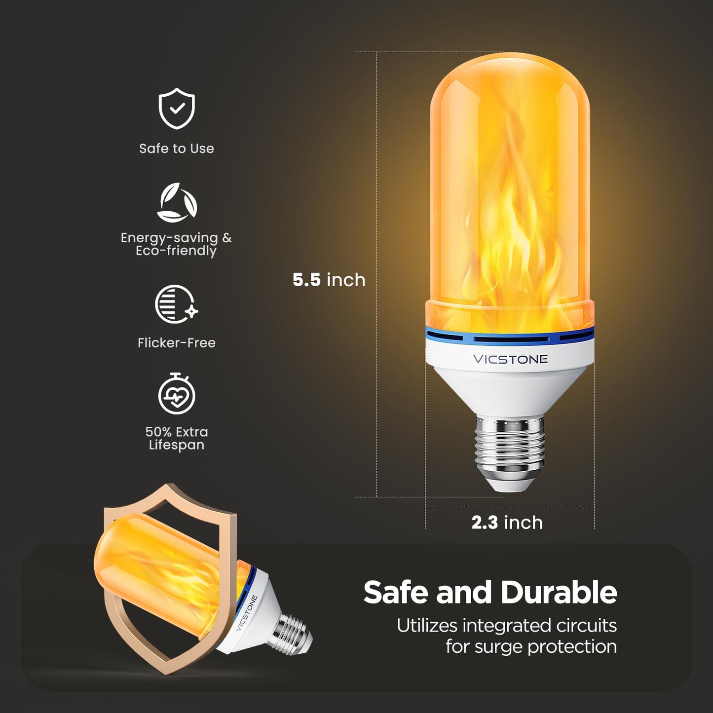 Vicstone Dusk to Dawn LED Flame Light Bulbs, 4 Modes E26, 2 Pack, Flickering Effect, Plastic, Outdoor/Indoor Decorations